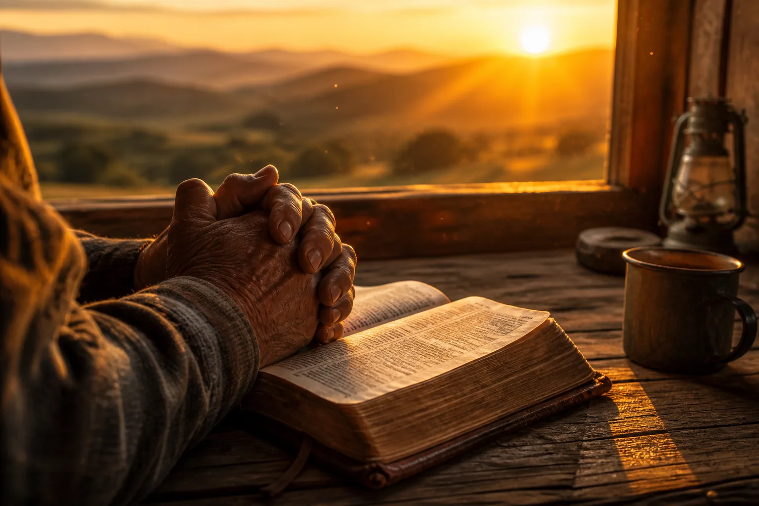 Weathered hands clasped in prayer over open Bible bathed in golden morning sunlight with rolling hills visible through wooden window