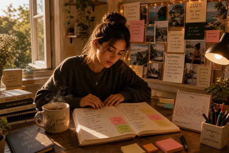 Young woman writing in goal journal at sunlit desk with vision board, sticky notes, steaming tea, and warm golden hour light