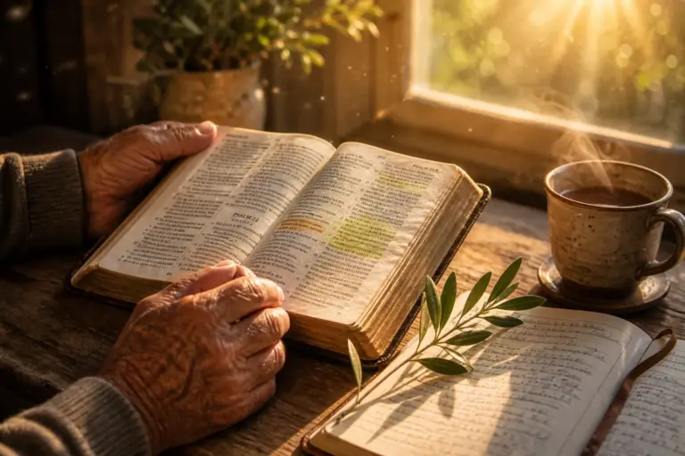 Weathered hands holding open Bible on sunlit wooden table with tea, journal, and olive branch in warm golden afternoon light