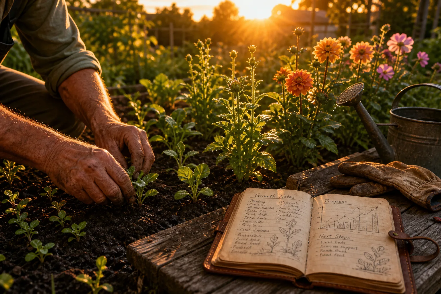 Weathered hands tending a garden at golden hour with seedlings, budding stems, and blooms in rich soil beside a journal and watering can