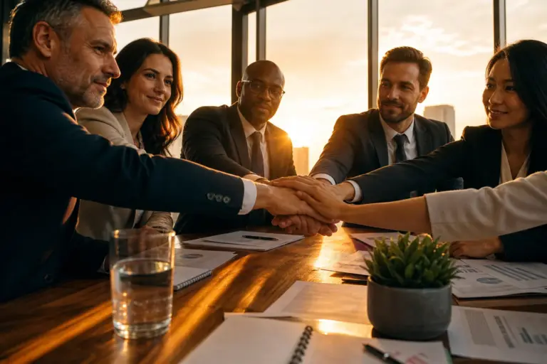 Diverse business professionals joining hands over conference table in warm golden sunlight, documents and thriving plant nearby, faces showing trust a