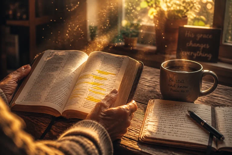 Weathered hands holding open Bible on sunlit wooden table with steaming coffee and journal in warm golden morning light