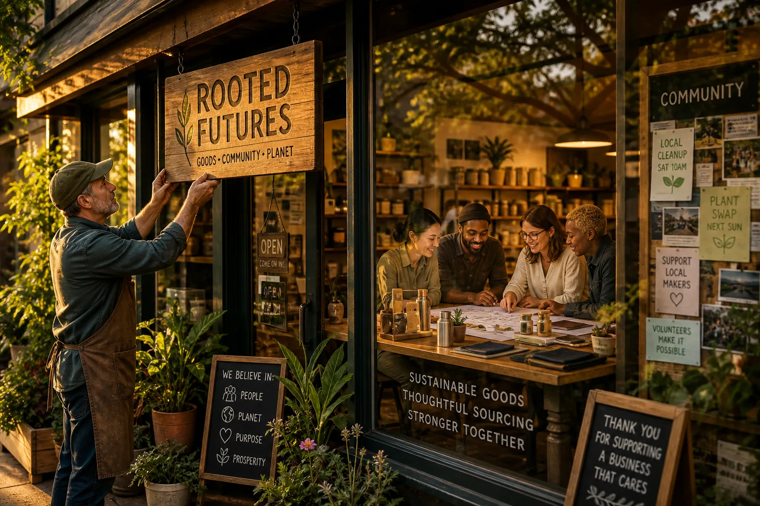 Weathered hands tending plants outside a small business storefront at golden hour with diverse team collaborating inside