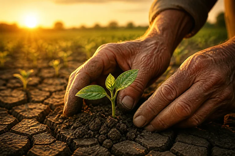 Weathered hands nurturing a tiny green seedling in cracked dry earth, bathed in warm golden hour sunlight with a blurred field behind