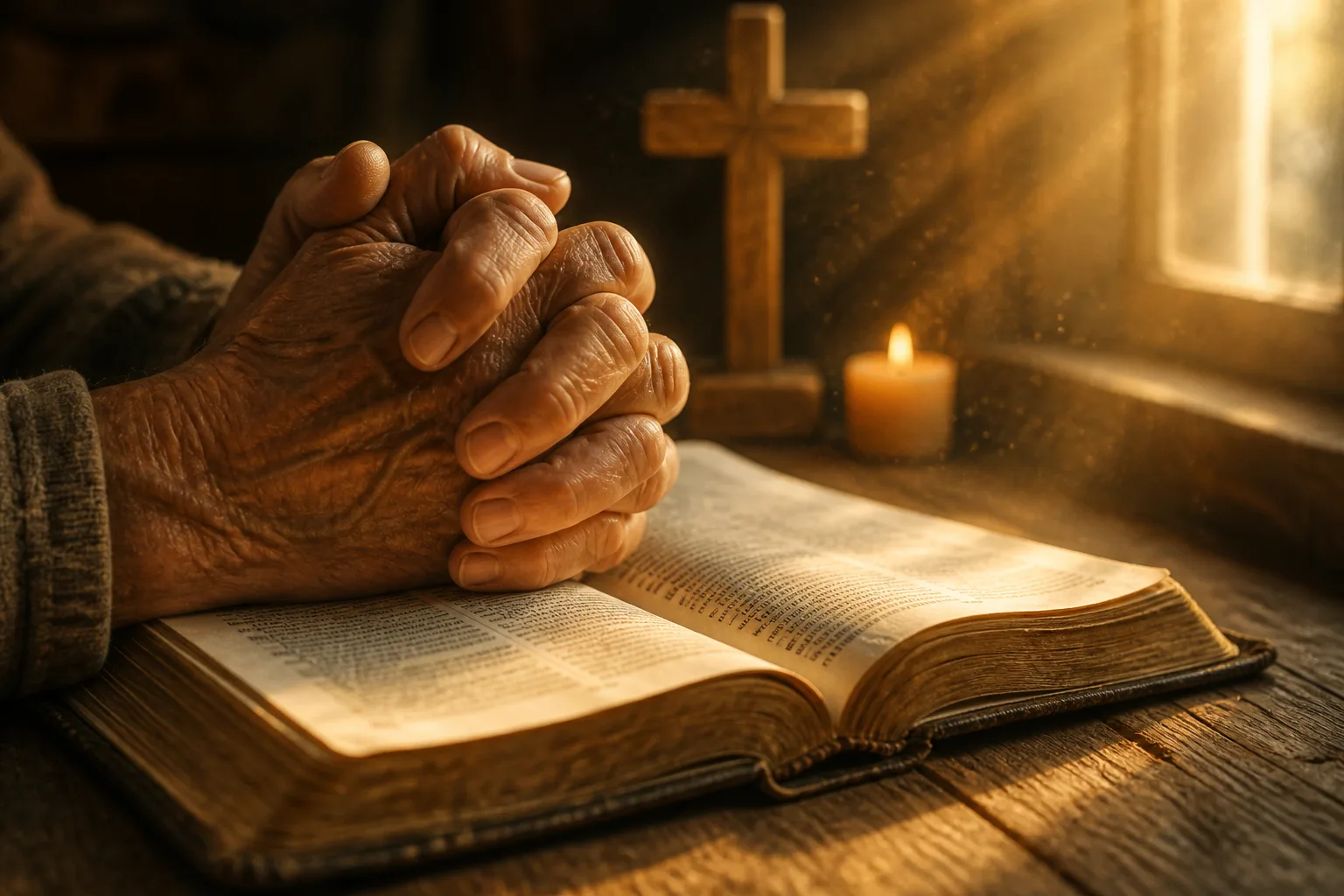 Elderly weathered hands clasped in prayer over open Bible, warm golden sunlight illuminating pages, candle and wooden cross softly blurred behind