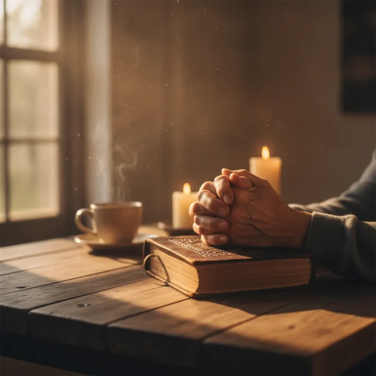 Elderly weathered hands clasped in prayer resting on open leather book, warm golden light streaming through window with soft bokeh background