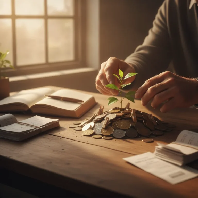 Weathered hands nurturing a green plant growing from coins and bills on a sunlit wooden desk with journal and receipts nearby