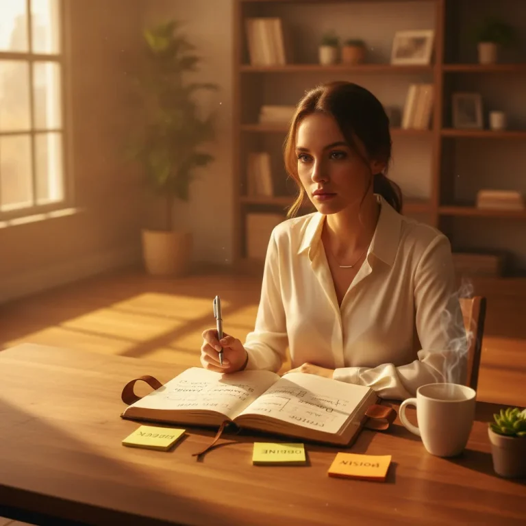 Young woman writing goals in leather journal at sunlit wooden desk with coffee, sticky notes, and succulent in warm afternoon light