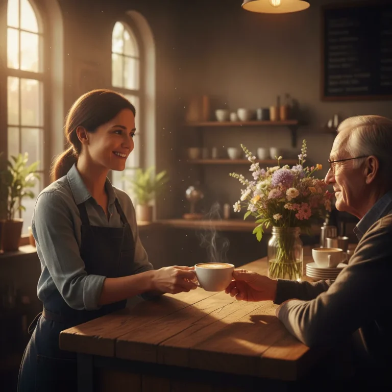 Smiling barista serves latte to elderly customer at wooden counter in warm golden cafe light, both sharing a moment of genuine connection