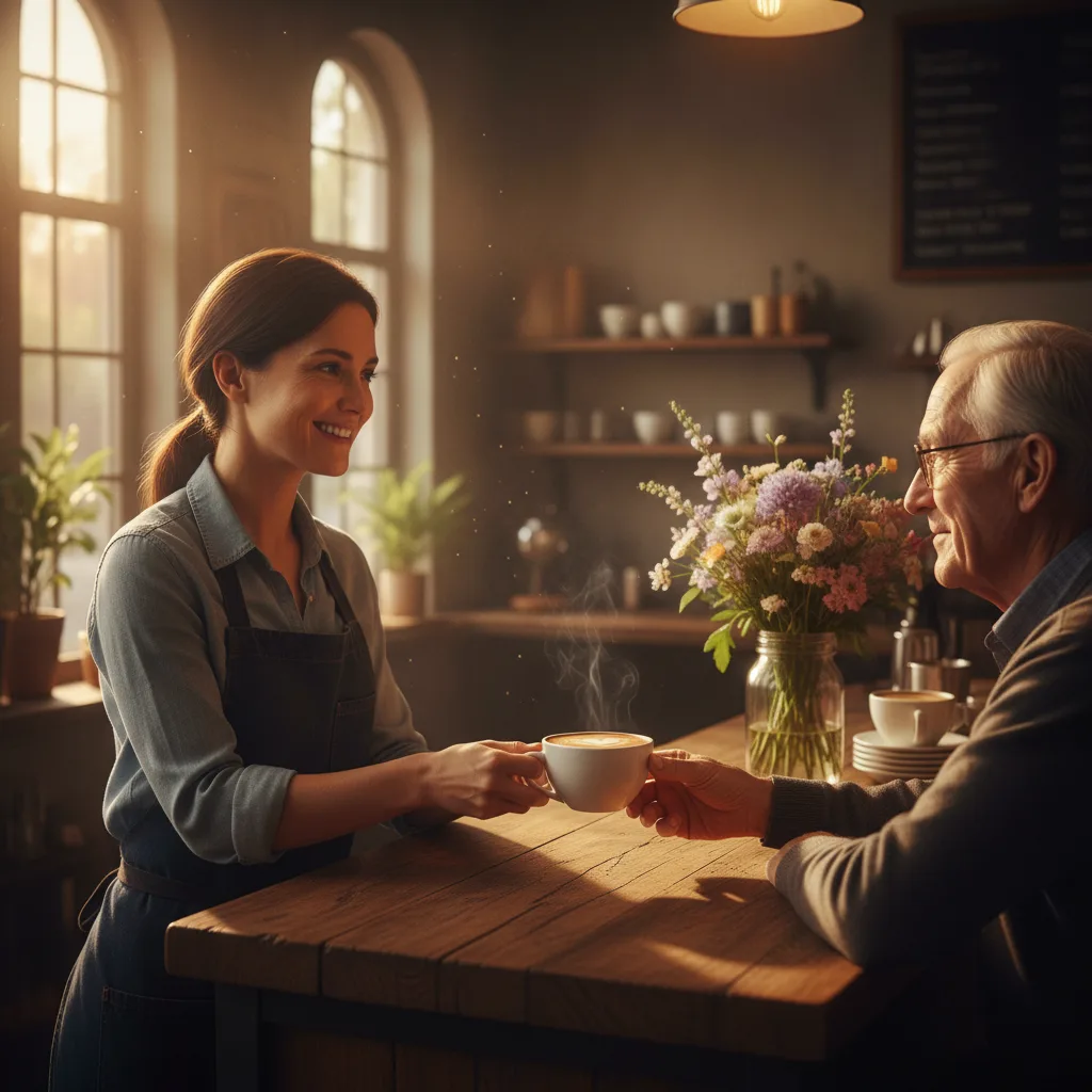 Smiling barista serves latte to elderly customer at wooden counter in warm golden cafe light, both sharing a moment of genuine connection