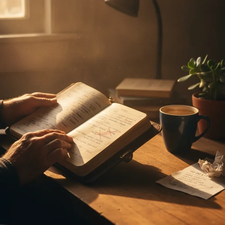 Weathered hands holding worn leather journal on sunlit wooden desk with handwritten goals, coffee mug, succulent, and golden hour light