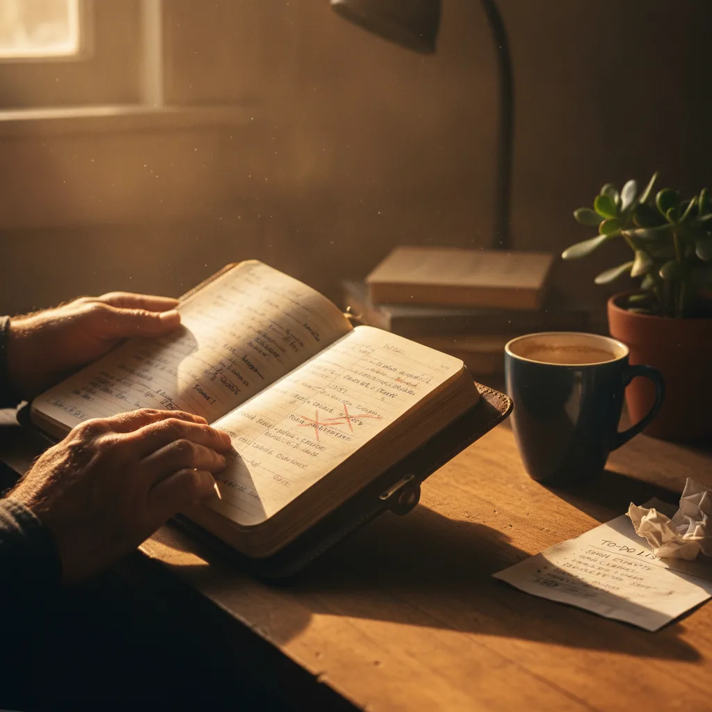 Weathered hands holding worn leather journal on sunlit wooden desk with handwritten goals, coffee mug, succulent, and golden hour light