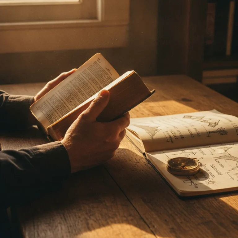 Weathered hands holding open leather Bible on wooden desk, bathed in warm golden light with compass and handwritten journal notes nearby