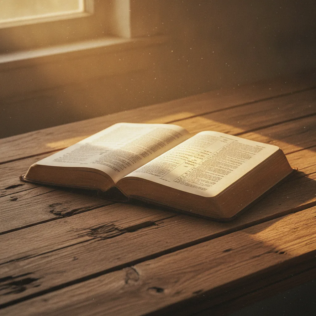 Open Bible on weathered wooden table bathed in warm golden sunlight with dust particles floating in glowing amber rays across scripture pages