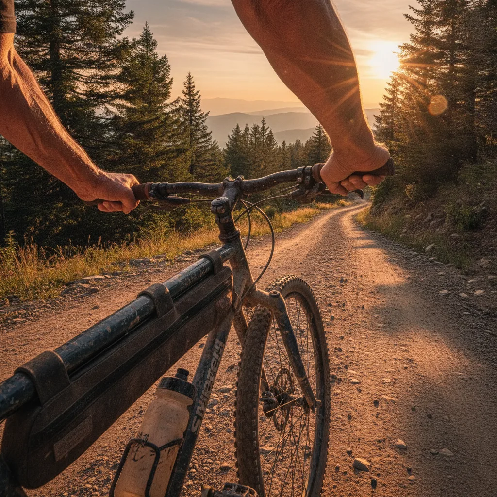 Weathered hands gripping worn bicycle handles on steep mountain road at golden hour, pine trees glowing amber, dusty winding path ahead