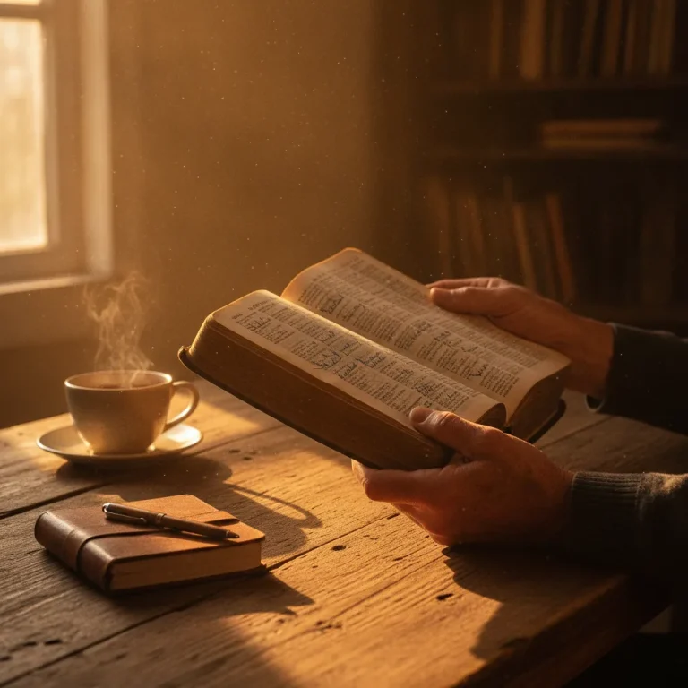 Weathered hands holding a worn Bible on a rustic table in golden hour light with tea and journal nearby