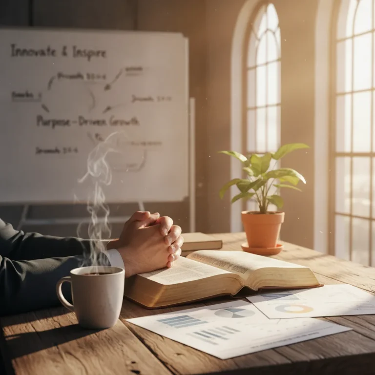 Weathered hands clasped in prayer over open Bible on rustic desk with business plans, coffee, and golden sunlight streaming through tall windows