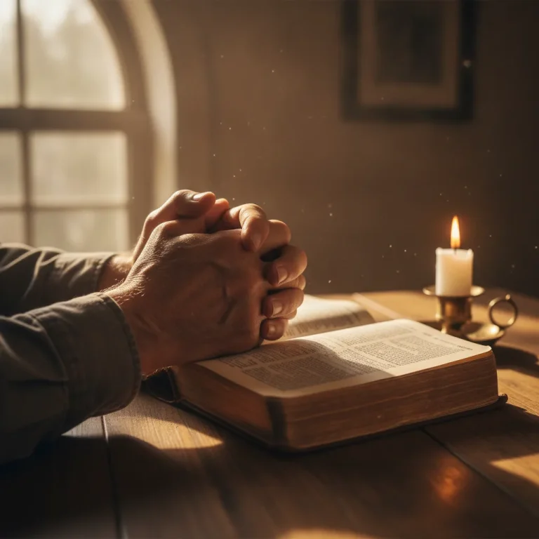 Elderly weathered hands clasped in prayer on open Bible in golden hour light with flickering white candle and drifting dust motes