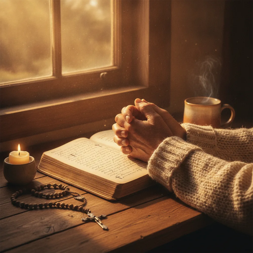 Weathered hands clasped in prayer over open handwritten journal on rustic table with rosary, candle, and mug in warm golden light