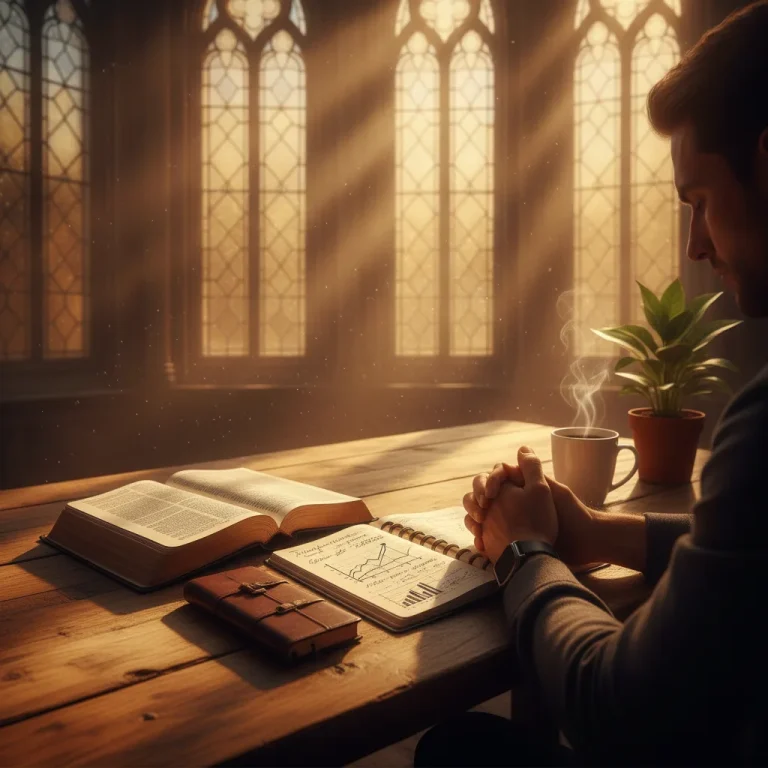 Entrepreneur prays over open Bible and business journal at sunlit wooden desk with coffee and green plant in warm golden cathedral light