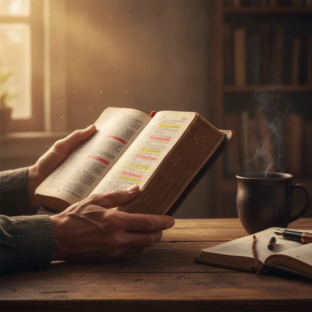 Weathered hands holding open ancient Bible with handwritten notes on rustic table, golden sunlight, steaming tea and journal nearby