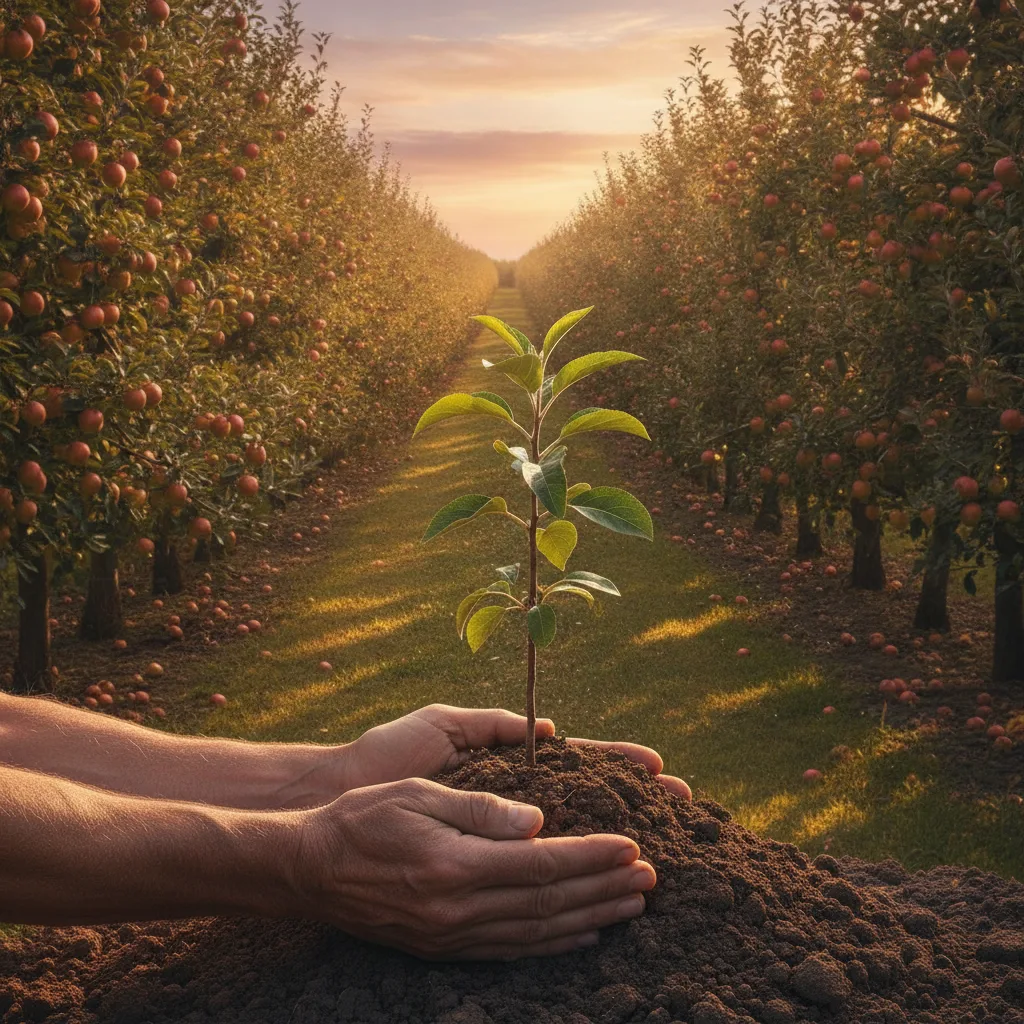 Weathered hands planting a sapling in dark soil with a sunlit orchard of fruit trees glowing in golden hour behind them