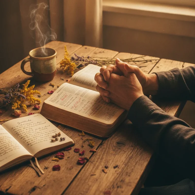 Elderly weathered hands clasped in prayer over worn Bible with handwritten notes, journal, dried flowers, and steaming mug in warm golden light