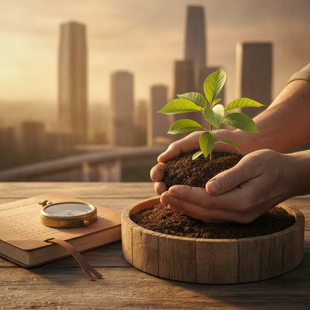 Weathered hands nurturing a green sapling in dark soil at golden hour, with cityscape background, compass, and journal nearby on aged wood