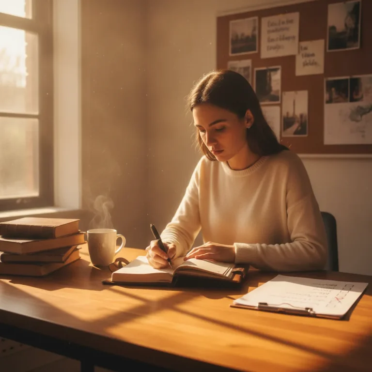 Young woman writing in planner at sunlit wooden desk with coffee mug, stacked books, and vision board in warm golden hour light