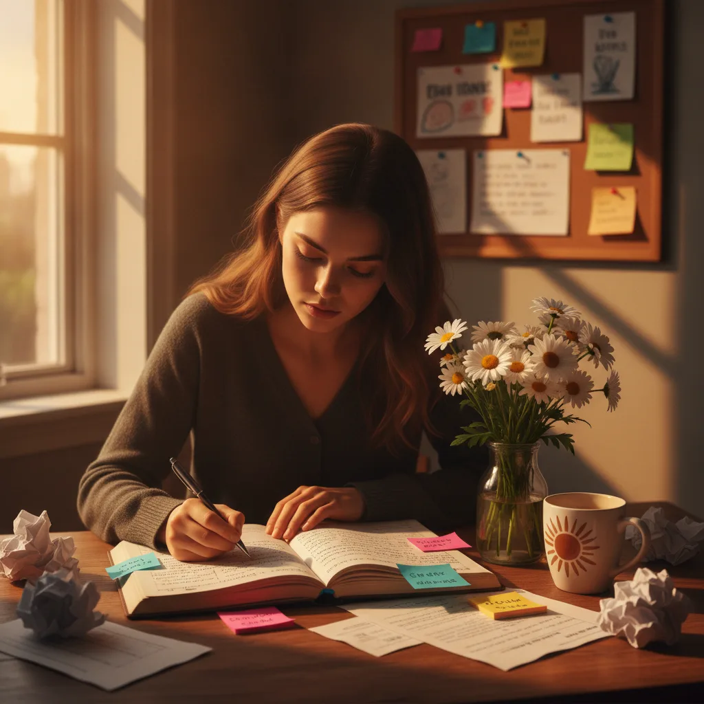 Young woman writing goals in journal at sunlit wooden desk with sticky notes, cork board, flowers, and coffee mug in warm golden light