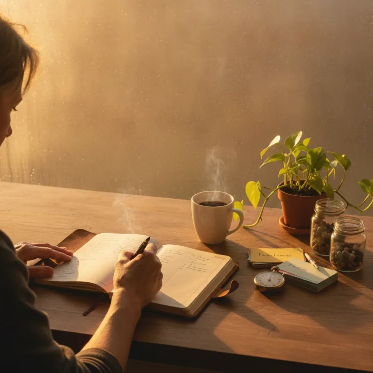 Weathered hands writing in open leather journal on wooden desk with coffee, plant, and habit trackers in warm golden morning light