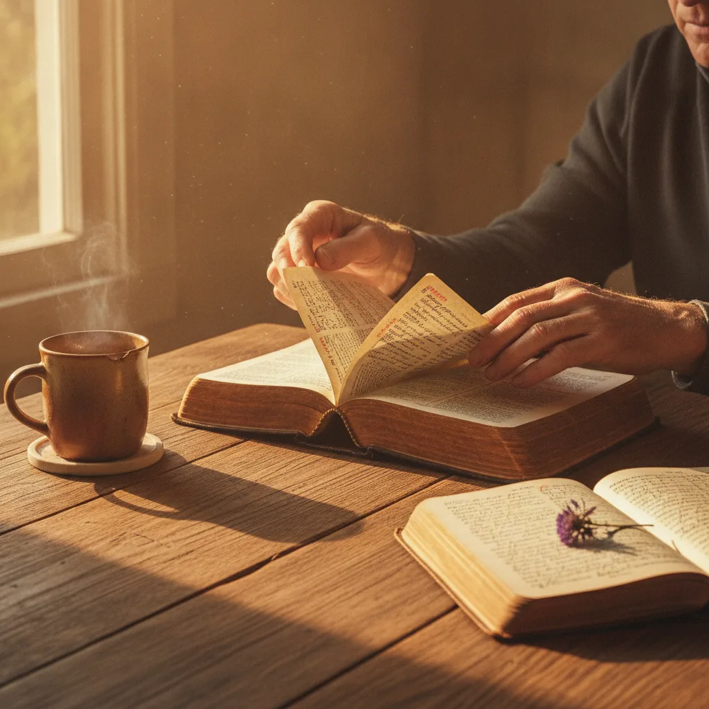 Elderly weathered hands turning yellowed Bible pages with handwritten notes on rustic table, warm golden light, steaming mug and journal nearby