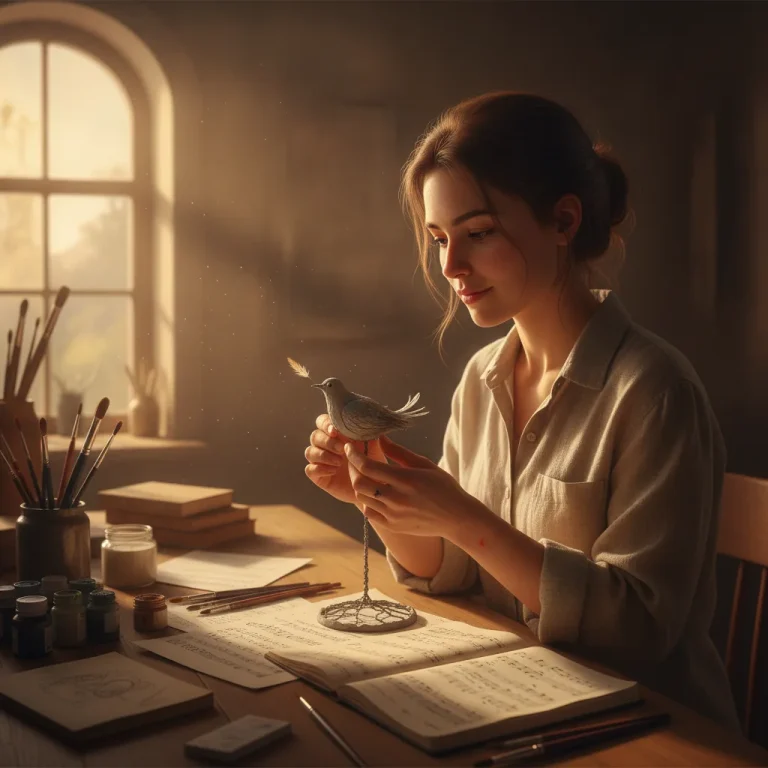 Young woman crafting art at sunlit wooden workbench surrounded by paintbrushes journals and musical notes golden hour light streaming through window