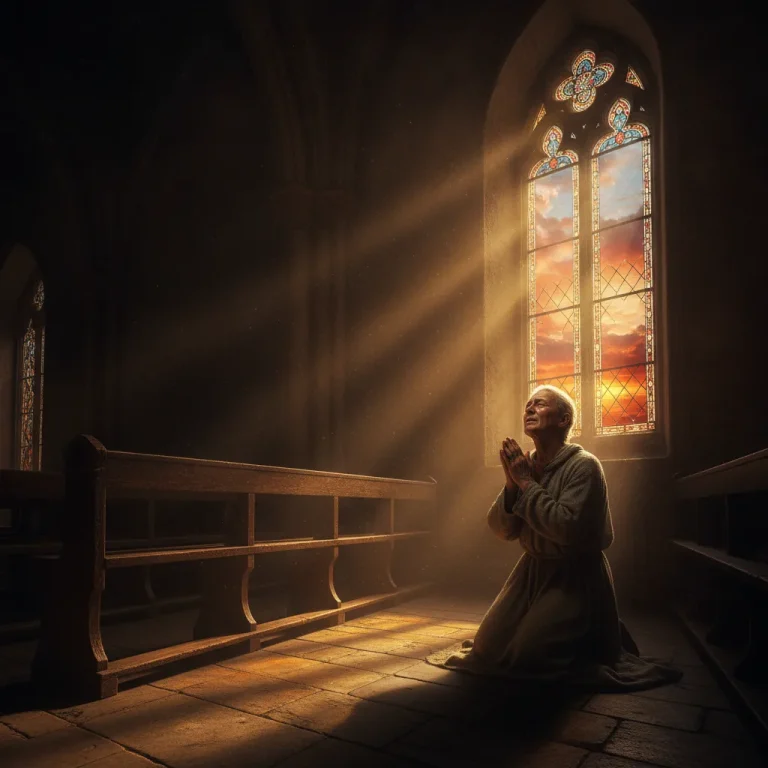 Elderly weathered hands clasped in prayer, golden hour light streaming through cathedral window onto kneeling figure with tear-streaked peaceful face