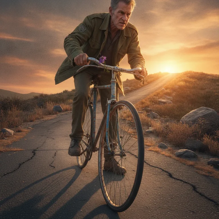 Weathered cyclist pushes rusty bike up sunlit hill at golden hour, face set with determination, wildflower on handlebar, warm amber light