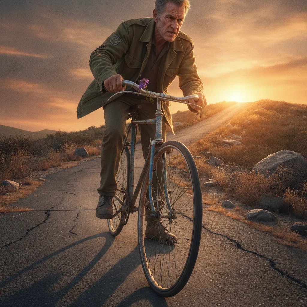 Weathered cyclist pushes rusty bike up sunlit hill at golden hour, face set with determination, wildflower on handlebar, warm amber light