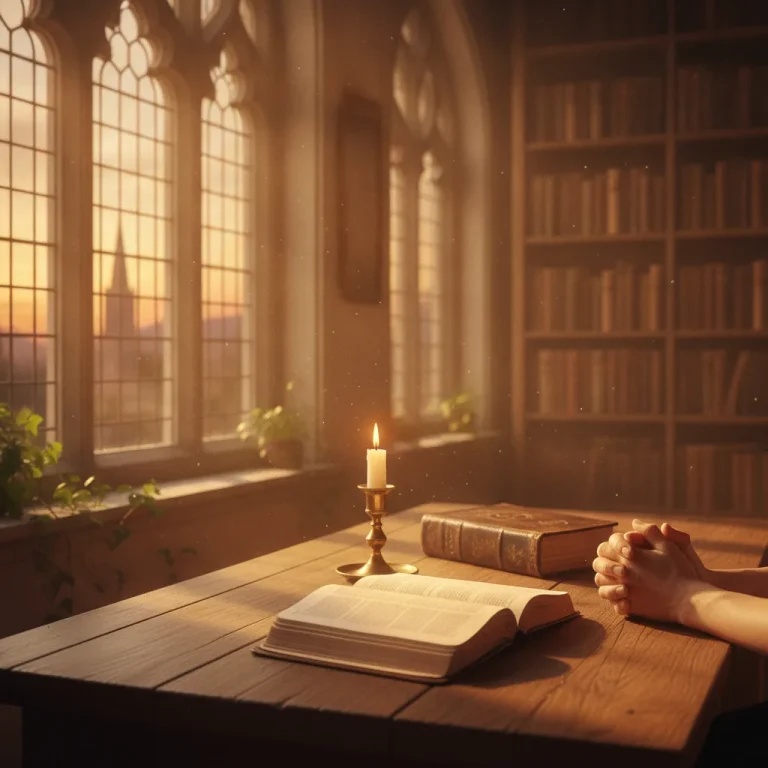 Hands folded in prayer over open Bible and leather journal on wooden desk, lit by golden sunset light through cathedral windows