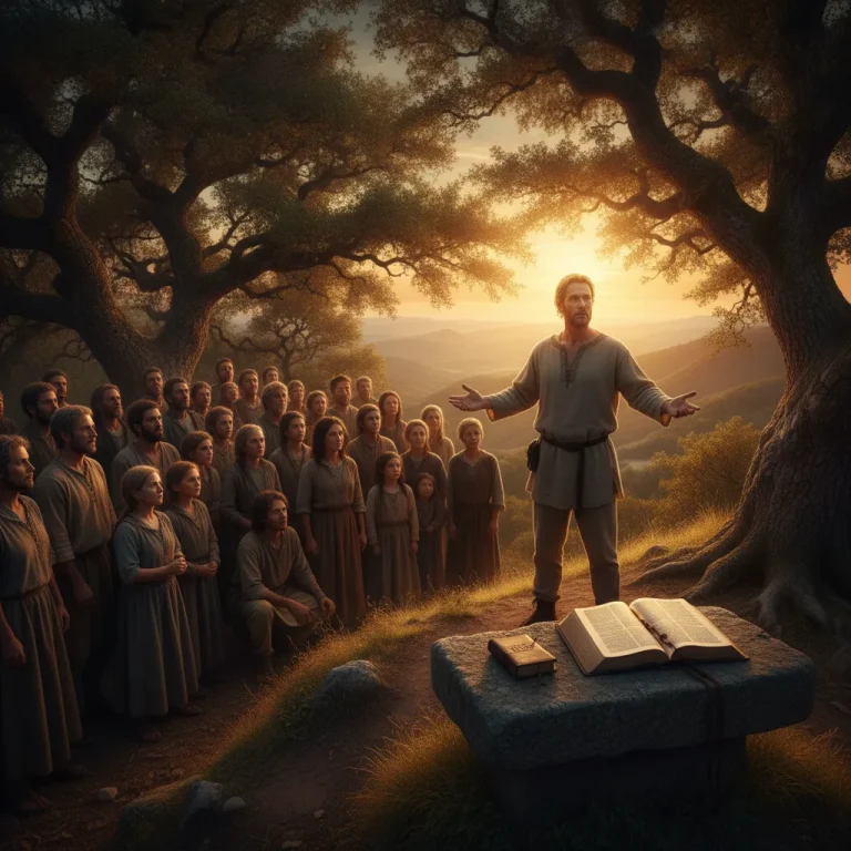 Leader on sunlit hill at golden hour, arms open to horizon, diverse group gathered behind under oak trees, open Bible glowing on stone nearby