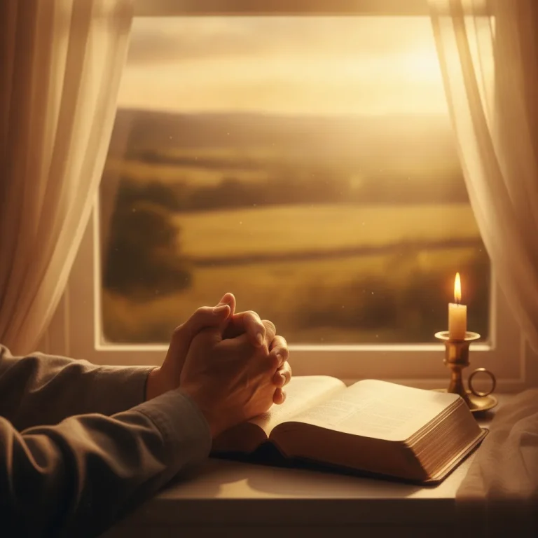 Elderly weathered hands clasped in prayer over open Bible on windowsill, warm golden sunlight streaming through sheer curtains, flickering candle near