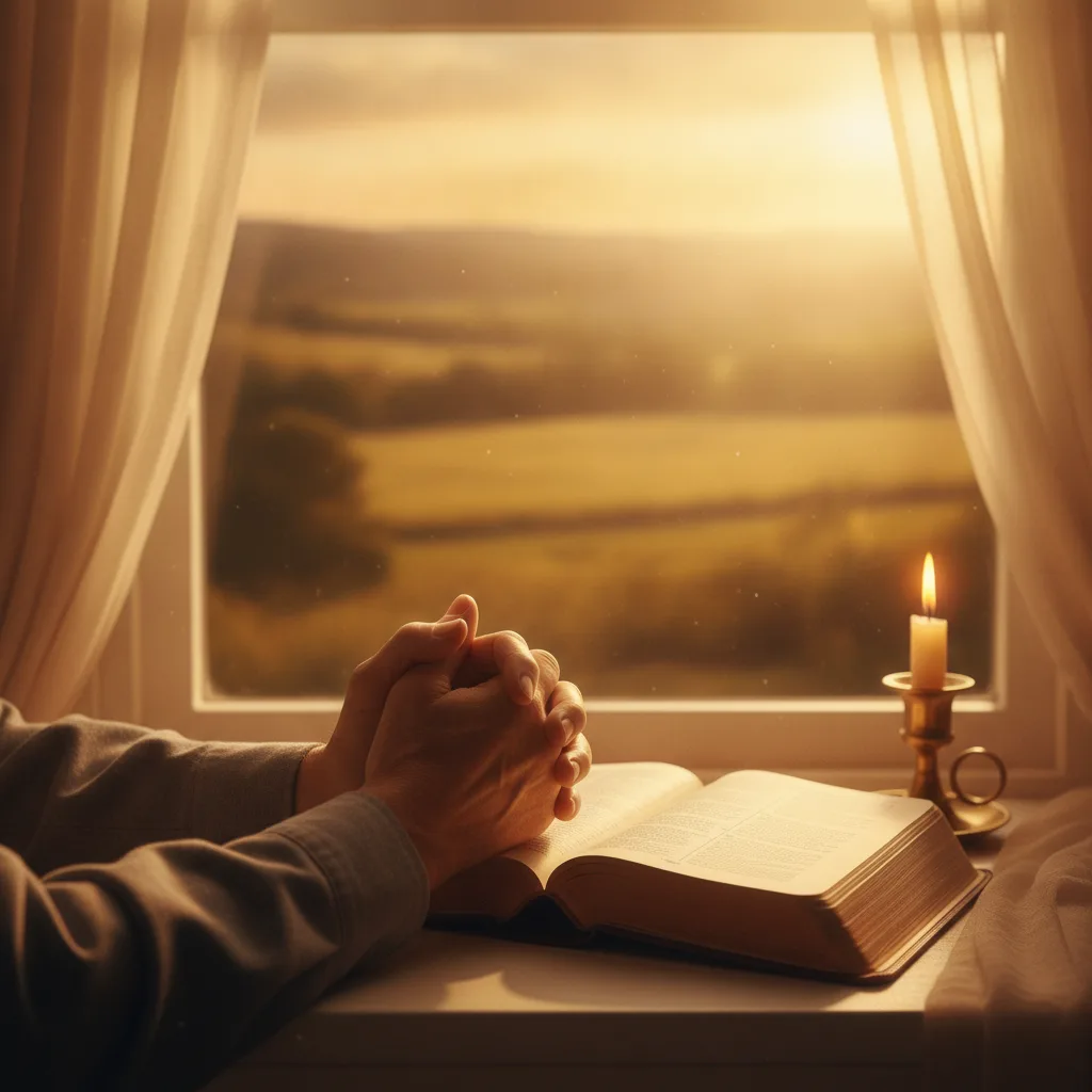 Elderly weathered hands clasped in prayer over open Bible on windowsill, warm golden sunlight streaming through sheer curtains, flickering candle near