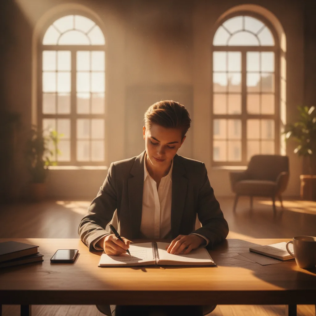 Young professional writing goals in notebook at sunlit wooden desk, golden hour light glowing warmly, calm focused expression