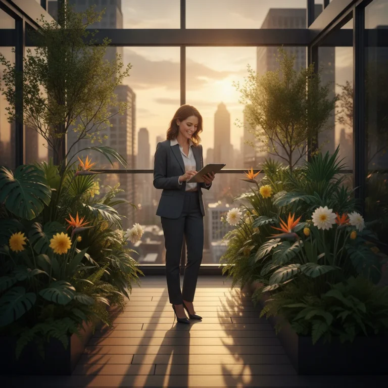 Business professional reviewing documents on a sunlit rooftop garden at golden hour with city skyline and lush plants in background