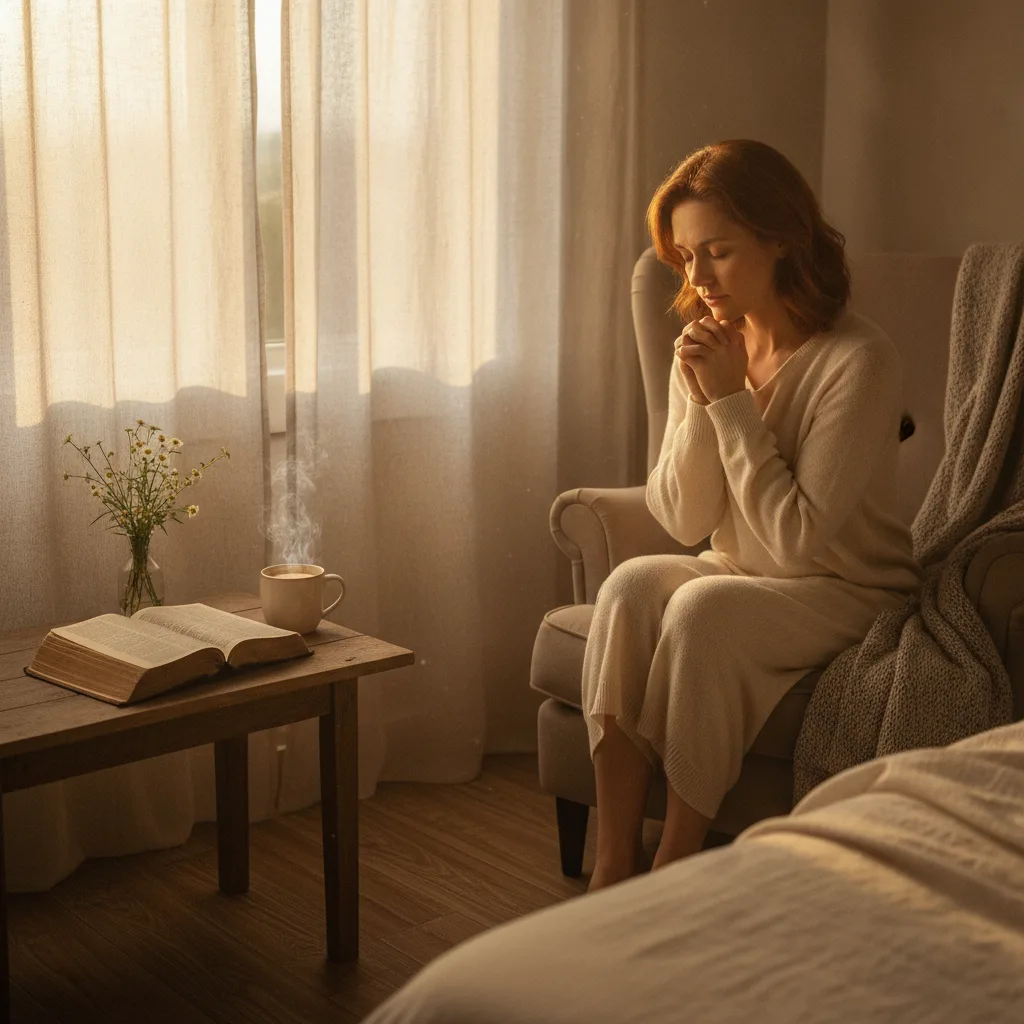 Woman in cream clothing praying by sunlit window near open Bible, coffee mug, and white wildflowers in warm morning light