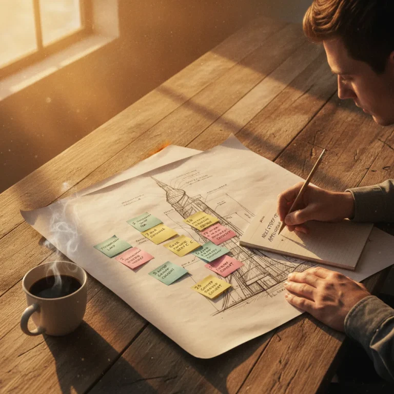 Focused professional writing on notepad at sunlit wooden desk with skyscraper blueprint, sticky notes, and steaming coffee in warm golden light