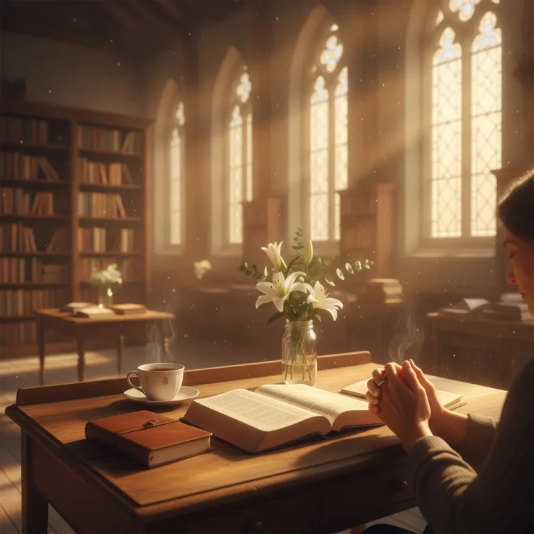 Hands folded in prayer over open Bible on wooden desk with tea, journal, and flowers in warm golden morning light