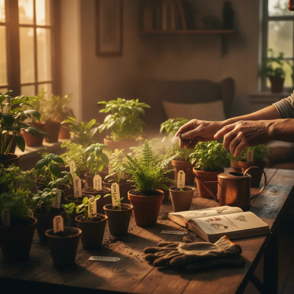 Weathered hands tending lush potted plants on a sunlit wooden table with a journal, watering can, and soil-stained gloves