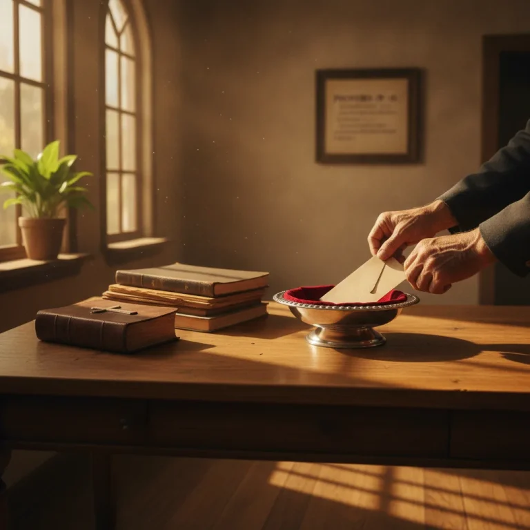 Weathered hands placing tithe envelope in offering plate beside Bible and business ledgers on sunlit oak desk with scripture verse on wall