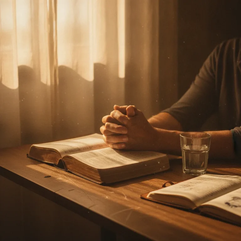 Weathered hands clasped in prayer over open Bible on sunlit wooden table with journal and water glass in warm golden light